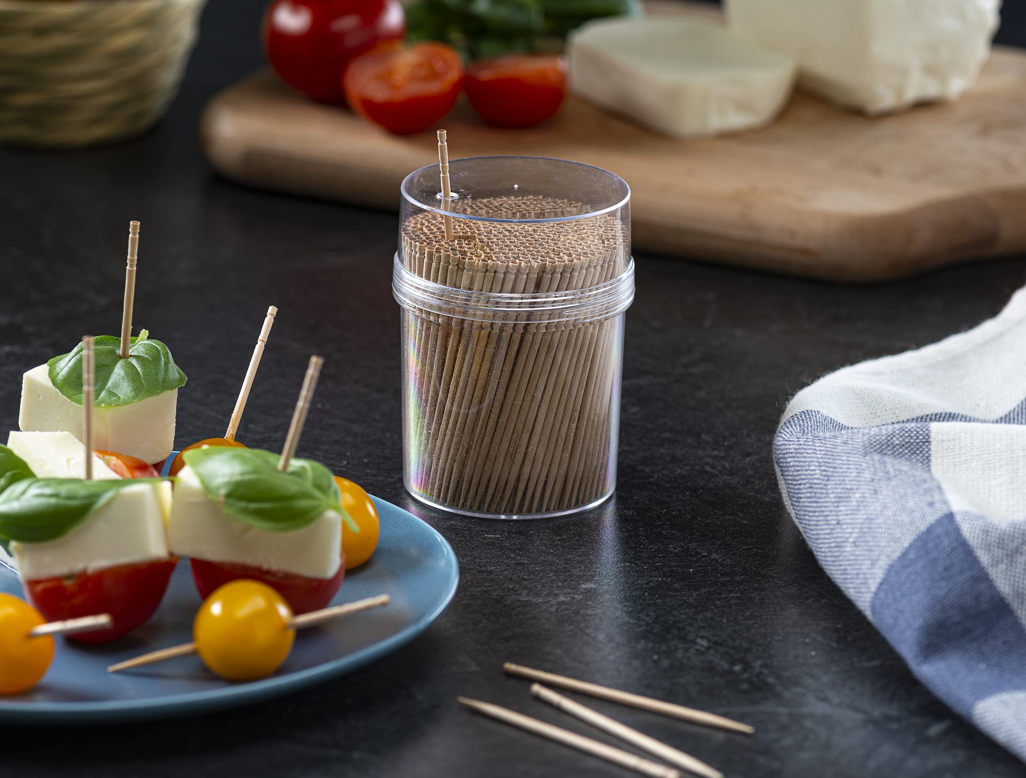 Prestee 2000Ct Wooden Toothpicks + Reusable Toothpick Holder Container, Light Wood Toothpicks - Sturdy Smooth Finish Bamboo Toot